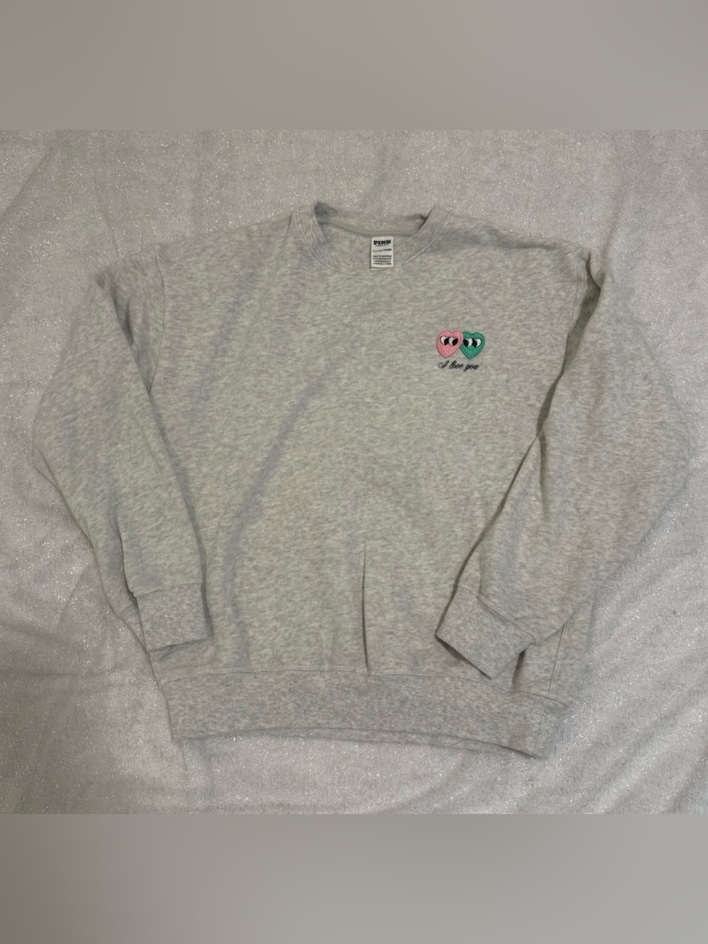 PINK Victoria's Secret Gray Crewneck with Pink & Green Heart Graphic